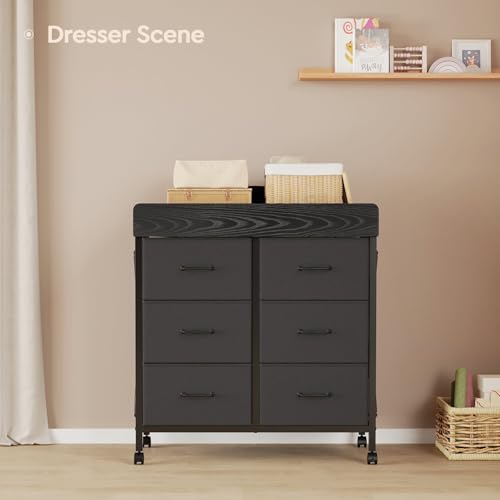 Yetom Baby Changing Table Dresser with Wheels, 6-Fabric Drawer Baby Dresser with Changing Table Top, Waterproof Diaper Changing Station & Pad, Mobile Storage Unit, Compact Baby Furniture, Black