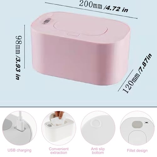 Portable Baby Wipe Warmer，Wipe Warmer and Baby Wet Wipes Dispenser to Even Heating, Wipe Heater with Temperature Display, Diaper Wipe Warmers for Home Car Travel Newborn Baby (Pink)