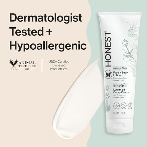 The Honest Company Hydrating Face and Body Lotion, Fast Absorbing, Naturally Derived, Hypoallergenic, Fragrance-Free, Sensitive, 8.5 fl oz