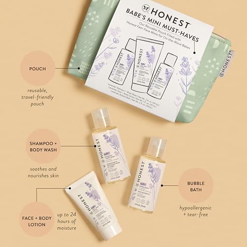 The Honest Company Babe's Mini Must Haves Gift Set Travel Size Hypoallergenic Lavender Bathtime Essentials Shampoo Body Wash (2 fl oz) Face Lotion (1 Bubble Bath