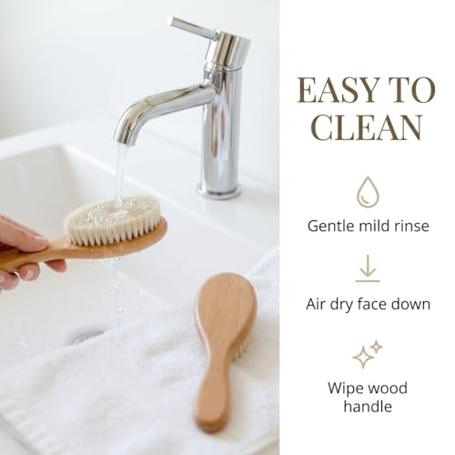 Wooden Baby Hair Brush Grooming Kit with Beech Wood Goat Hair Brush, Cradle Cap Brush, Silicone Scalp Massager, Ultra Soft Bristle Brush | Gender Neutral Newborn Hairbrush Set for Boy or Girl