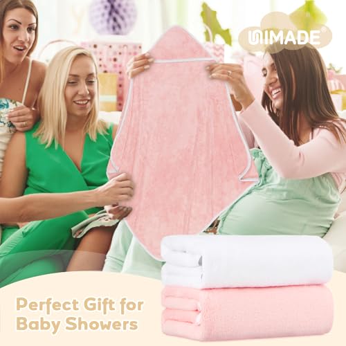 UNIMADE Hooded Towel for Newborn, 2 Pack Soft Coral Fleece Baby Towels, Ultra Absorbent Bath Cloths Bulk for Infants, Toddlers, Newborn Essential- 30 x 30 inch - Pink & White