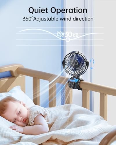 SWEETFULL Portable Stroller Fan with LED Display, 4 Speed Rechargeable Mini Clip On Fan, 360° Rotate Flexible Tripod Better Cooling Small Baby Fan for Car Seat Crib Travel Bike Treadmill (Black)