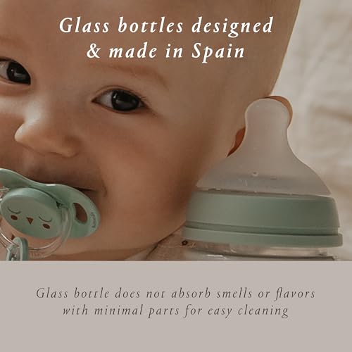 Suavinex Bonhomia Glass Baby Bottle with SX PRO Silicone Nipple, Anti Colic Baby Bottles, Baby Bottles for Breastfed Babies, Medium Flow, 3mo, 8oz, Mint