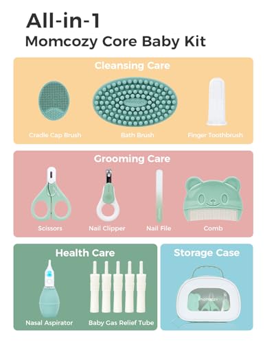 Momcozy Core Baby Kit, Baby Shower & Registry Essential Kit for Grooming&Health&Cleansing Care, Includes Nail File Kits, Nasal Aspirator, Gas Relief Tubes, Bath Brushes, Toothbrush, Comb, Storage Case