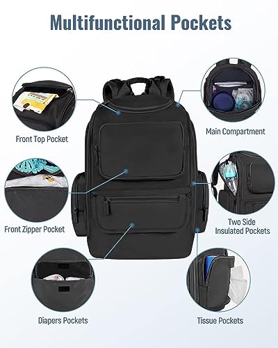 Mancro Diaper Bag Backpack, Multifunctional Dad Diaper Bag with 2 Side Insulated Pockets, Travel Water Resistant Baby Diaper Backpack for Men Women with Stroller Straps, Black