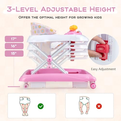 BABY JOY Baby Walker, 4 in 1 Foldable Activity Walker with Adjustable Height, Music, Lights, Anti-Rollover Toddler Push Walker, Baby Walker with Wheels for Boys Girls 7-14 Months (Pink)
