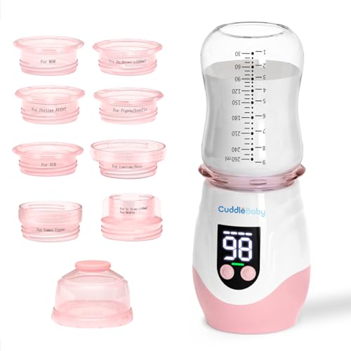 CuddleeBaby Portable Bottle Warmer for Travel, Cordless Baby Bottle Warmer, Rechargeable, 8 Adapters, 1 Milk Powder Container, Compatible with Most Bottle, Fast Heating, Pink