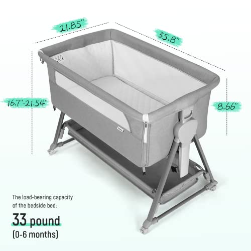 Cowiewie Bassinet Bedside Sleeper, Baby Bassinet with 7 Adjustable Height, Bedside Bassinet for Baby with Storage, Breathable Mesh & Mattress, Portable Bassinet Easy Folding (Pyramid Light Gray)