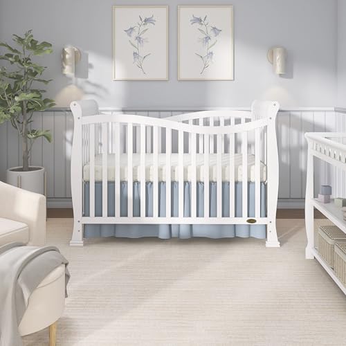 Dream On Me Violet 7-in-1 Convertible Full-Size Baby Crib with Toddler, Day & Full Bed Conversion in White, GreenGuard Gold & BSA, 3 Mattress Heights, Sustainable Pinewoo