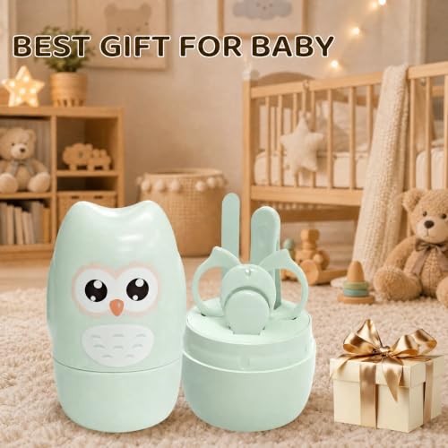Baby Nail Kit, Baby's Manicure Kit and Pedicure kit with Cute Owl Shape Case Nail Clipper, Scissor, Nail File & Tweezer for Newborn, Infant & Toddler, Mothers Day Gifts(Green)