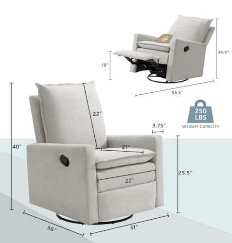 Oxford Baby Uptown Upholstered Glider Recliner Rocking Chair 360° Swivel for Nursery and Living Room - Sand