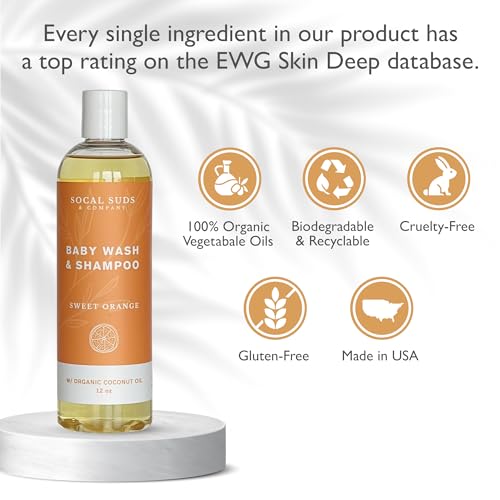 SoCal Suds & Company Organic Baby Shampoo and Body Wash - 2-in-1 Castile Soap, Hypoallergenic, Sensitive Skin, Natural Soap, Toddler Shampoo, Infant, Newborn, Kids Body Wash - 12oz Sweet Orange