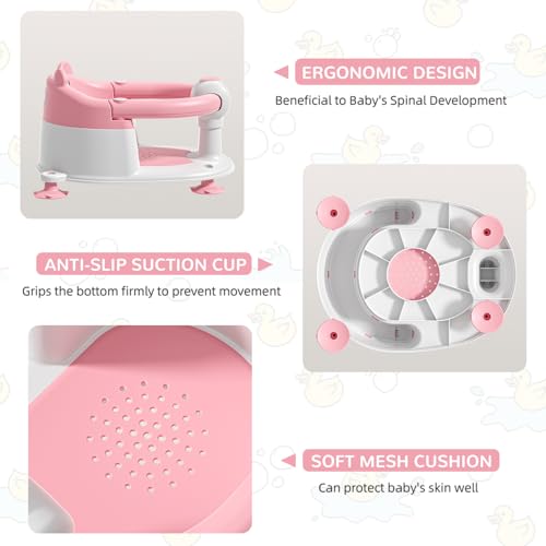 Baby Bath Seat for Babies 5-10 Months, Non-Slip Toddler Bath Seats for Babies Sitting Up, Safe Infant & Newborn Bathtub Chair with 4 Suction Cups & Soft Cushion for Shower,Pink