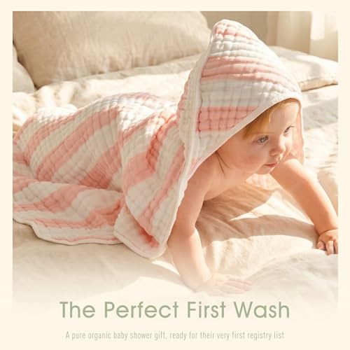 HardNok Muslin Hooded Baby Towel 4 Pack, 100% Organic Premium Cotton, (2) 6-Layer 32x32 Bath Towels & (2) Washcloths, Soft Newborn & Infant Gift Set (Pink Stripe & White)