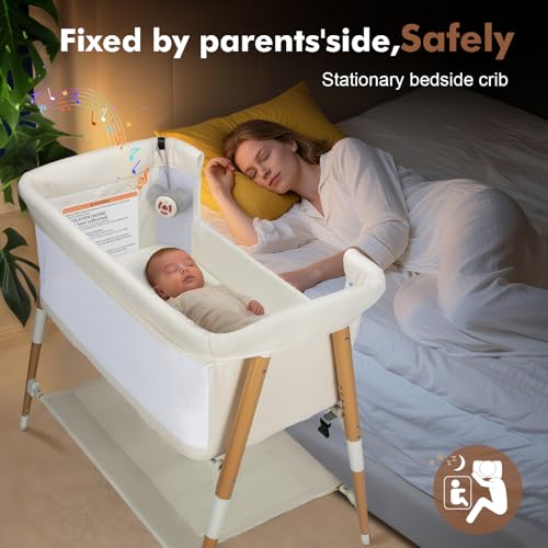 JevrJeur Baby Bassinet, 3 in 1 Bedside Bassinet Sleeper for Newborn, Portable Baby Crib with 4 Detachable Wheels & Adjustable Height, Breathable Mesh & Mattress, Mosquito Net& Storage Basket (White)