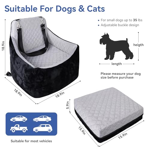 Dog Car Seat for Small/Medium Dogs Under 30lbs, Double-Sided Cooling & Warm Booster Seat, Detachable & Washable Elevated Pet Bed with Pockets, Anti-Slip Base for Front & Back Seats with Safety Leash
