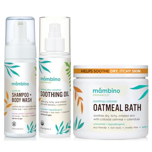 Mambino Organics Soothing Bath Set, Organic Oatmeal Bath Soak, Soothe Me Shampoo & Body Wash, and Calming Oil, Gentle for Sensitive Skin, Vegan, Baby Bath Essentials, 3-Pack, 5.5 oz Each