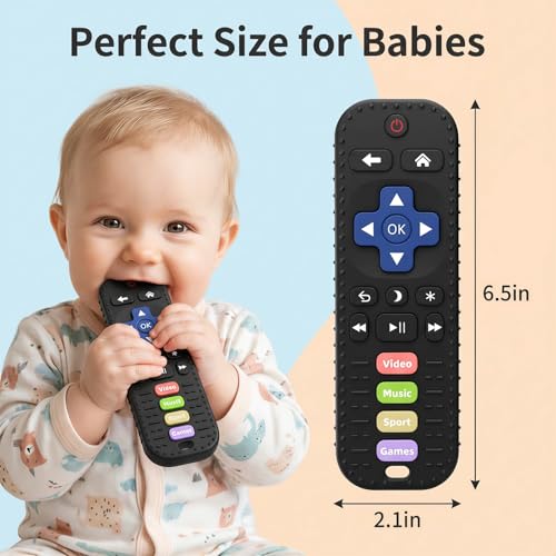 Baby Teething Toys, Remote Control Sensory Teether, Silicone Chew Toy for Teething Relief, BPA-Free Baby Remote Gift for Infants 3-6, 6-12 Months (Black)