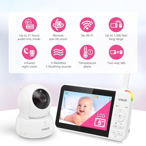 VTech Baby Monitor No WiFi, 5" Screen & Remote Pan-Tilt-Zoom for Newborns – Hack-Proof, 17Hr Battery, 1000ft Range, Auto Night Vision, Temperature Sensor, Two-Way Talk | VM924