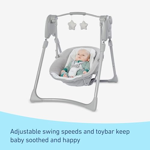Graco Slim Spaces Compact Baby Swing, Space Saving Portable Bay Swing with Height Adjustable Legs & Soft Toys, Reign