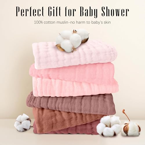 SWEET DOLPHIN 12 Pack Muslin Burp Cloths Large 100% Cotton Burping Clothes for Baby Drool - Absorbent and Soft Boys & Girls Milk Spit Up Rags for Newborn Essentials Registry - Dewy Petal