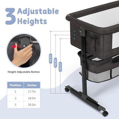 Baby Bassinet, 3 in 1 Bedside Bassinets for Baby, Bassinet Bedside Sleeper with Wheels, Adjustable Height with Rocking Mode, Breathable Mesh, Storage Basket, Easy Assemble & Folding (Dark Gray)