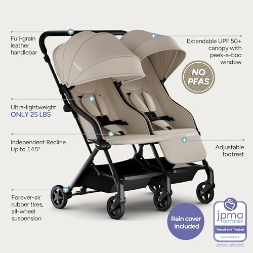 Mompush Lithe Double Stroller for Infant and Toddler, Lightweight Side by Side Twin Stroller, Only 25 lbs, 30-Inch Slim Fit Through Doorways, One-Step Fold, Independent Recline, UPF 50+ Canopy