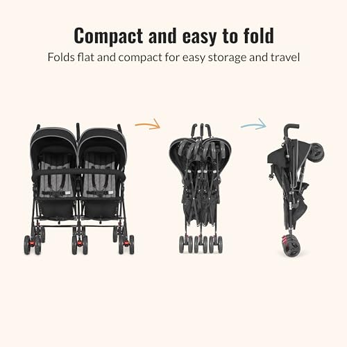 Dream On Me Volgo Twin Baby Stroller, Lightweight Side-by-Side Double Umbrella Stroller with Adjustable Canopy, 5-Point Harness, Storage Basket & Travel-Friendly Fold – Black