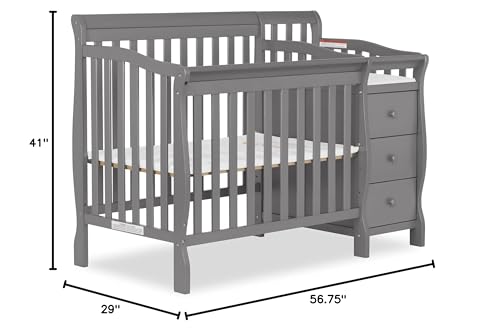Dream On Me Jayden 4‑in‑1 Mini Convertible Baby Crib & Changer with Storage, Steel Grey, Pinewood, GreenGuard Gold & JPMA, 1” Mattress Pad, 3 Mattress Heights, Converts to Mini Day & Twin-Size Bed
