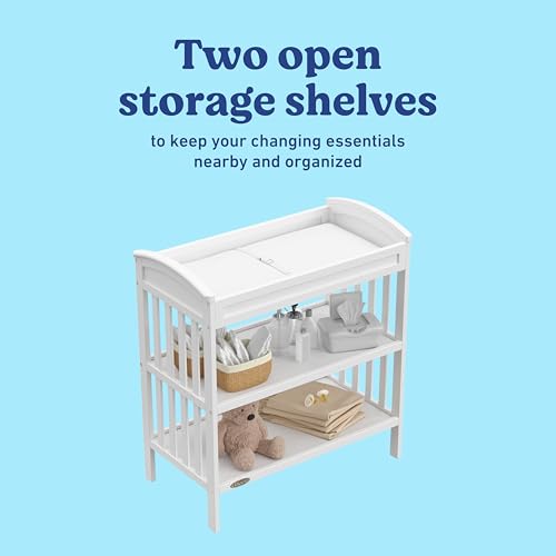 Graco Benton Changing Table with Bonus Water-Resistant Changing Pad (White) - GREENGUARD Gold Certified, Includes Diaper Change Pad with Safety Strap, 2 Open Storage Shelves for Organizing