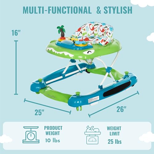 Dream On Me Baby Steps Baby Walker, Infant Activity Walker Three Position Adjustable Height, Removable Tray, Folding Walker for Baby 6-12 Months, Blue and Green