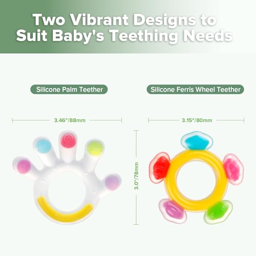 Haakaa Silicone Teether Combo, Baby Freezer Teething Toys for Sore Gums, Easy-Grip Sensory Teethers for 3M+ Babies, Palm & Ferris Wheel Shapes, BPA Free, 2 Pack