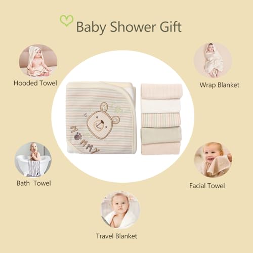 Smluckyg 6-Pack Organic Cotton Baby Bath Set - Ultra Soft Embroidered Hooded Towel and 5 Washcloths, Premium Gentle Newborn, Toddlers Gift for Sensitive Skin, Stripes, 30 x 30 Inch