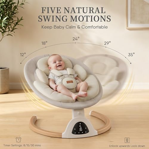 Baby Swings for Infants, TinyGlow Baby Swing, Electric Baby Swing with Remote Control, Portable Infant Swing for Indoor & Outdoor Use (Beige)