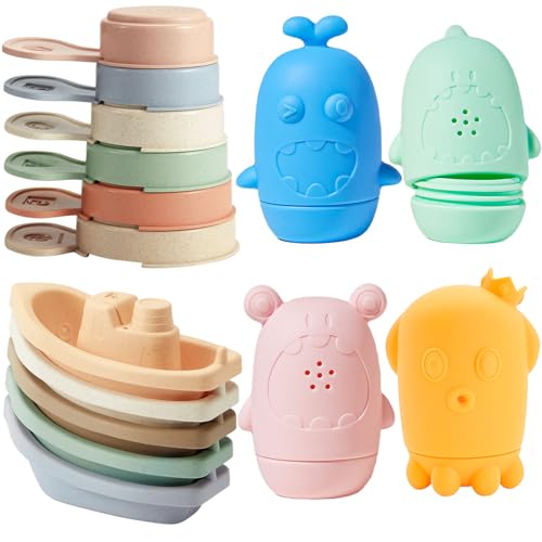 Baby Bath Toys for Kids Ages 1-3, 15PCS Mold Free Bath Toys Toddlers 2-4, Bathtub Pool Water Table Toys, Silicone Bath Toy and Floating Boats & Stacking Spoons for Babies 6-12 Months