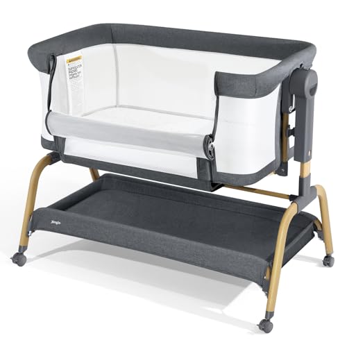 Jimglo 3 in 1 Baby Bassinet, Bedside Bassinet for Baby, Rocking Bassinet with Comfy Mattress and Wheels, 6 Height Adjustable Easy Folding Portable Bedside Crib for Newborn