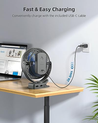 Koonie 10000mAh Rechargeable Portable 8-Inch Clip-on Fan, USB Car Fan 4 Speeds, Sturdy Clamp for Office Desk, Golf Cart, Stroller, Outdoor, Travel, Camping, Tent, Gym, Treadmill