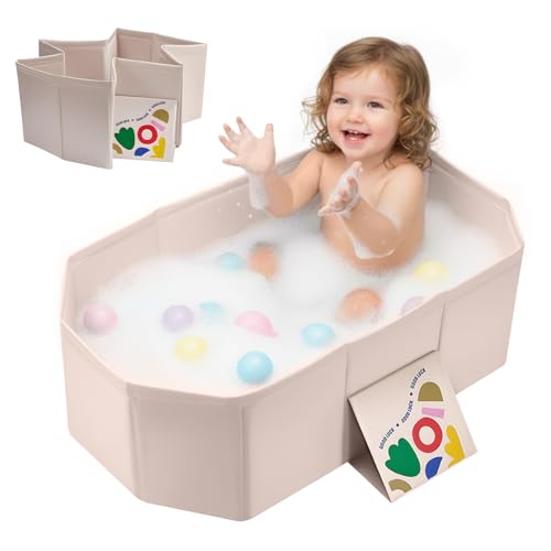 Baby Bathtub for Newborn to Toddlers 1-6 Y, Foldable Infants Babies Bath Tub with Non-Slip Base and Drain Plug, Portable Bathtub for Home Outdoor (Ivory, 75-45-25CM)
