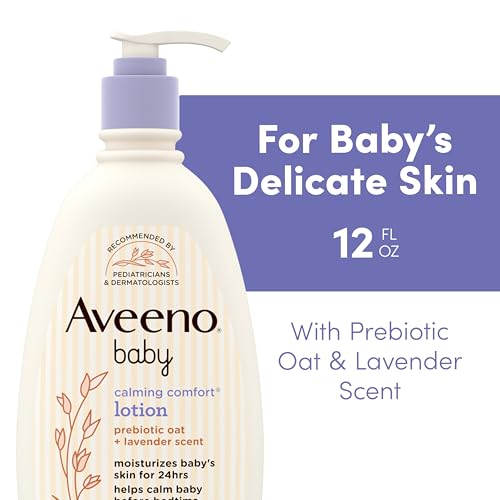 Aveeno Baby Calming Comfort Moisturizing Body Lotion with Relaxing Lavender & Vanilla Scents, Non-Greasy, Nourishing Prebiotic Oatmeal, No Added Parabens, 12 fl. oz