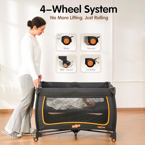 Pamo Babe 6 in 1 Baby Pack and Play with Bassinet - One-Step Setup Travel Crib, Small Portable Playpen for Babies, Portable Baby Bassinet, Changing Table, Toys Bar & Extra Large Storage Bag