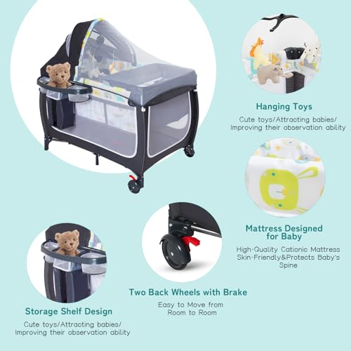 ANNA QUEEN 4 in 1 Pack and Play,Portable Baby Crib Deluxe Nursery Center, Foldable Travel Playard,Adjustable Canopy,Music Box,Changing Table for Newborn, Infant,Toddler