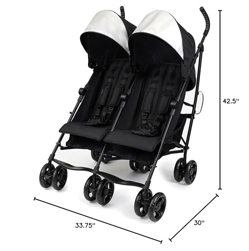 Summer Infant 3Dlite Folding Lightweight Side by Side Double Stroller with 5-Point Safety Harness for Infants and Toddlers, Black
