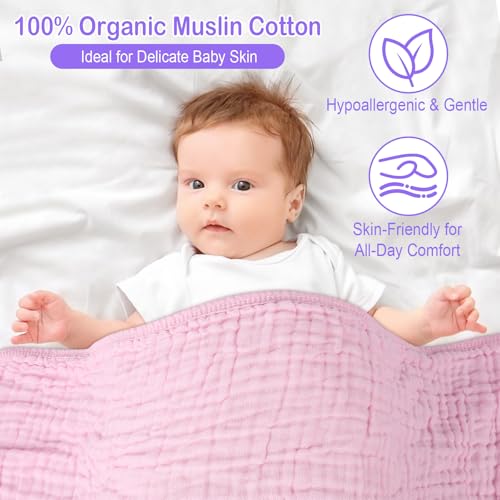 Synrroe 2 Pack Hooded Muslin Cotton Baby Towels, 32x32Inch, Pink & Purple