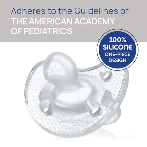 Chicco PhysioForma Luxe Orthodontic Pacifier for Babies 6-16 Months, One-Piece 100% Soft Silicone, Supports Breathing, Textured Shield & Handle, Sterilizing Case, BPA Free, 2-Pack, Crystal