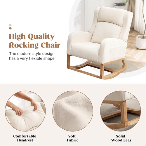 HCHAIRH Rocking Chair Nursery, Nursing Rocking Chairs for Mom Nursery, Comfy Wingback Glider Rocking Armchair with Foot Rest and Side Pocket for Nursery Living Room Bedroom, Beige