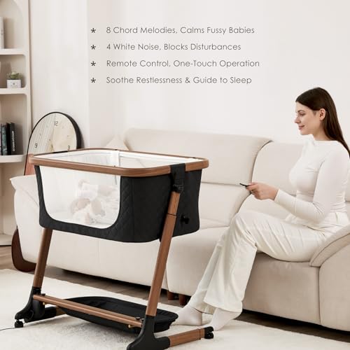 ANGELBLISS Electric Baby Bassinet Bedside Sleeper with Auto Rocking, Remote/Touch Control, 3 Timer Modes, 12 Sounds, 6 Heights, Storage & Wheels (Black)