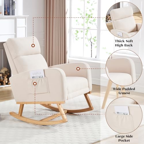 HCHAIRH Rocking Chair Nursery, Nursing Rocking Chairs with Foot Rest for Mom Nursery, Glider Rocker Chair with Footrest and High Backrest for Living Room, Bedroom, Beige