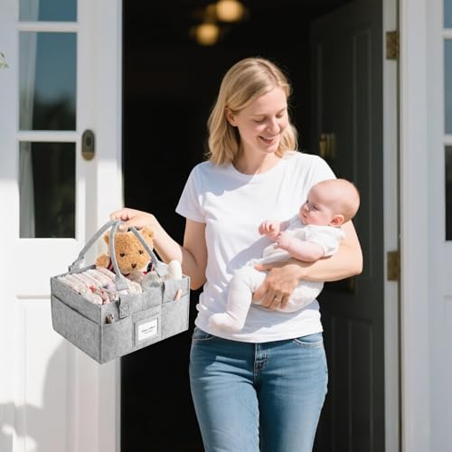 PaoveFor Diaper Caddy Organizer, Newborn Essetials Must Haves, Baby Registry Search and Other Baby Stuff, Collapsible Baby Basket with Handle and a Photo Frame, Grey, 11.8 x 6.3 x 9.0 inch