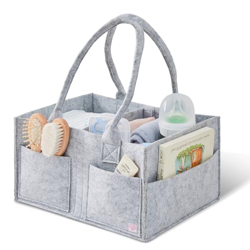 Ciuifoiy Upgraded Baby Diaper Caddy Organizer, Portable Nursery Storage Bin with Handle, Side Pockets Car Organizer for Diapers and Baby Wipes Essentials, Registry Gift Baskets (Small-Grey)